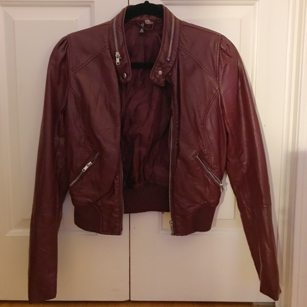 Divided maroon faux leather jacket
